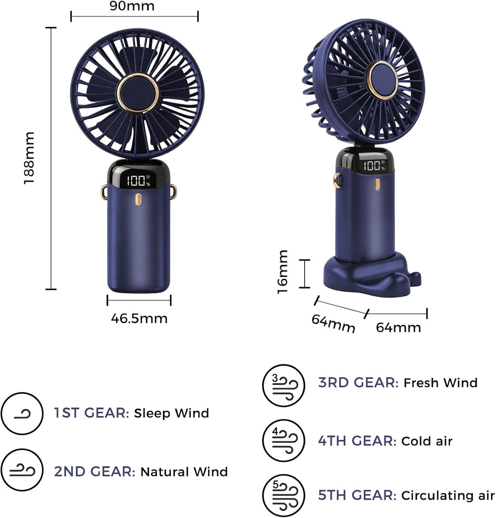 Hand Held Fan,Portable Handheld USB Rechargeable Fans with 5 Speeds,Battery Operated Mini Fan Foldable Desk Desktop Fans with LED Display for Home Office Bedroom Outdoor Travel (DarkBlue)