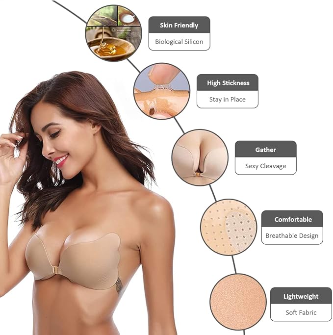 Adhesive Bra Strapless Silicone Bra Set of 2 Black & Skin Colour Push-Up Invisible Breathable Backless Adhesive Pads for Large and Small Breasts Ideal for Evening Dress Wedding Dress and Backless