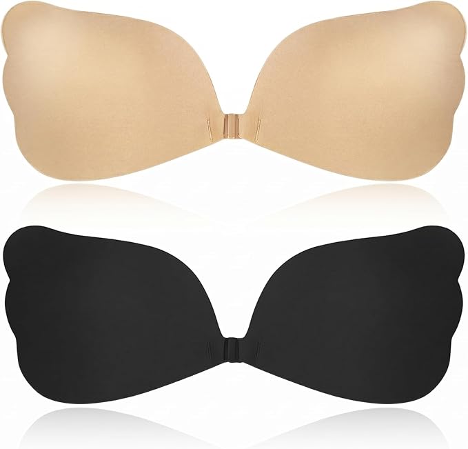 Adhesive Bra Strapless Silicone Bra Set of 2 Black & Skin Colour Push-Up Invisible Breathable Backless Adhesive Pads for Large and Small Breasts Ideal for Evening Dress Wedding Dress and Backless