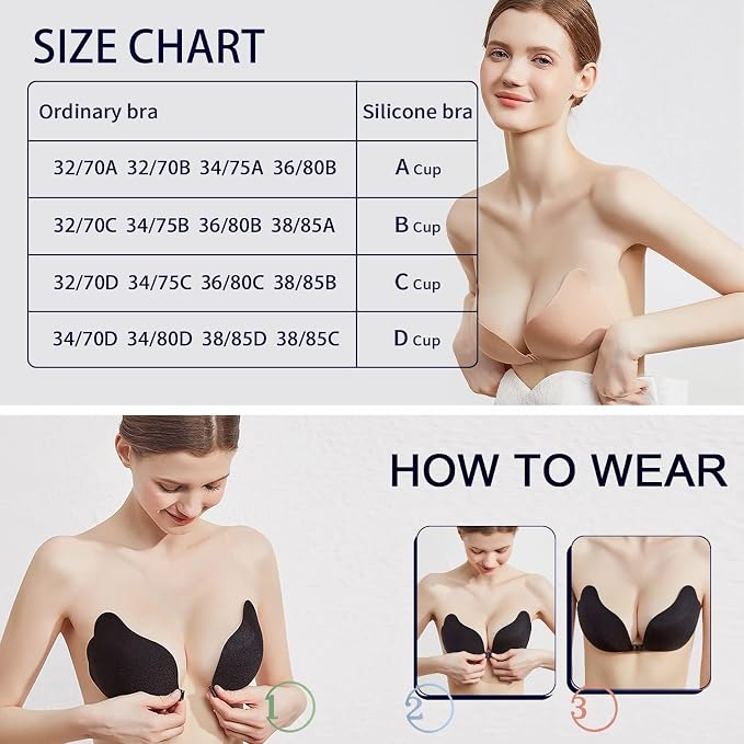 Adhesive Bra Strapless Silicone Bra Set of 2 Black & Skin Colour Push-Up Invisible Breathable Backless Adhesive Pads for Large and Small Breasts Ideal for Evening Dress Wedding Dress and Backless
