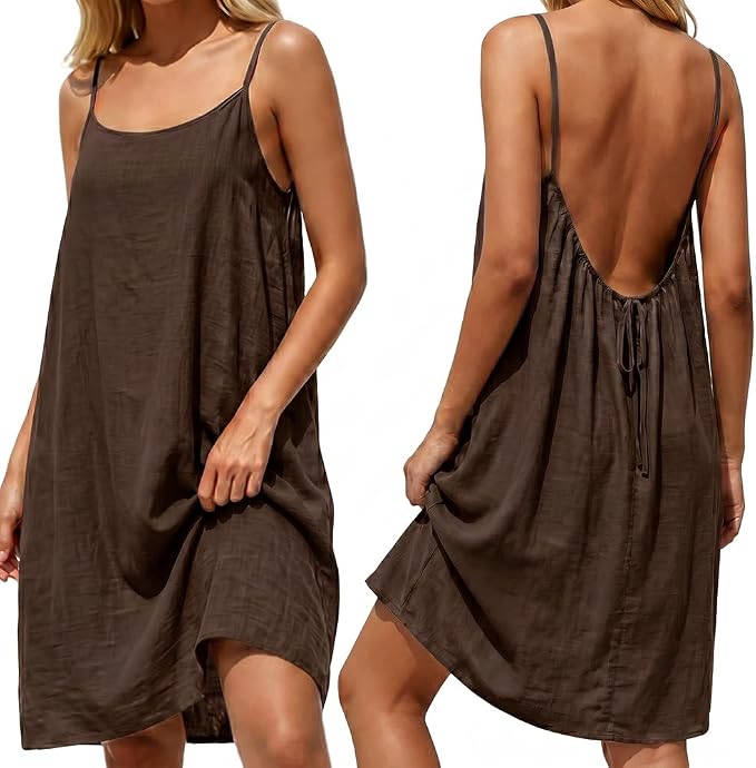 Generisch Women's Summer Dress, Sleeveless Spaghetti Straps, Backless Midi Dress, Women's Summer Tank Dress, Lace-Up Style Beach Dress, Strappy Dress