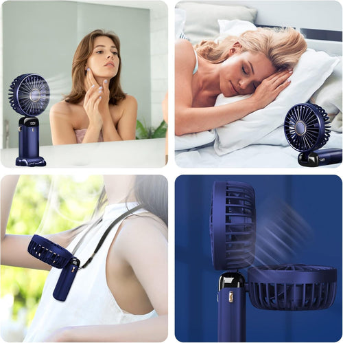 Hand Held Fan,Portable Handheld USB Rechargeable Fans with 5 Speeds,Battery Operated Mini Fan Foldable Desk Desktop Fans with LED Display for Home Office Bedroom Outdoor Travel (DarkBlue)