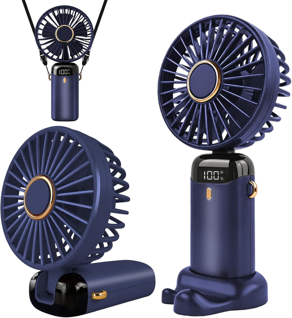Hand Held Fan,Portable Handheld USB Rechargeable Fans with 5 Speeds,Battery Operated Mini Fan Foldable Desk Desktop Fans with LED Display for Home Office Bedroom Outdoor Travel (DarkBlue)