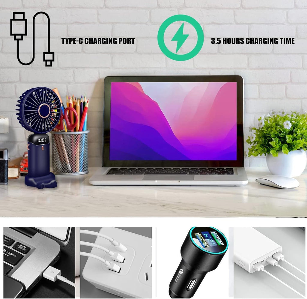 Hand Held Fan,Portable Handheld USB Rechargeable Fans with 5 Speeds,Battery Operated Mini Fan Foldable Desk Desktop Fans with LED Display for Home Office Bedroom Outdoor Travel (DarkBlue)