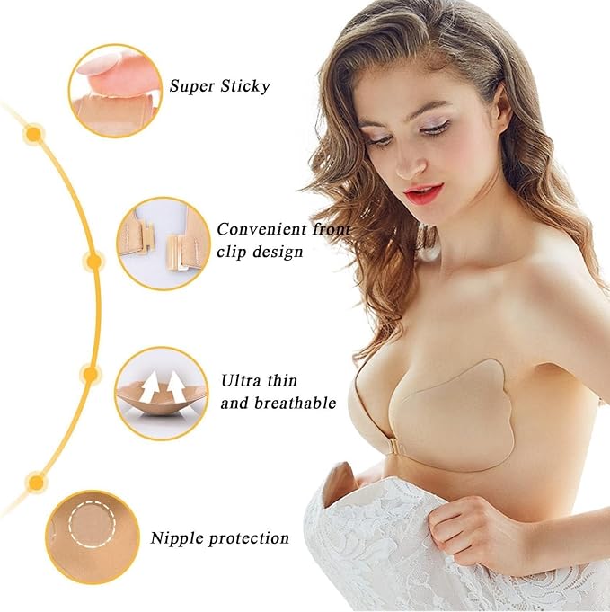 Adhesive Bra Strapless Silicone Bra Set of 2 Black & Skin Colour Push-Up Invisible Breathable Backless Adhesive Pads for Large and Small Breasts Ideal for Evening Dress Wedding Dress and Backless