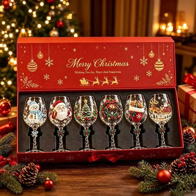 Christmas Hand‑Painted Wine Glass Gift Set | 6‑Pack Christmas Holiday Decor Gift Box | 🎄Christmas stock limited. Order early for holiday delivery.