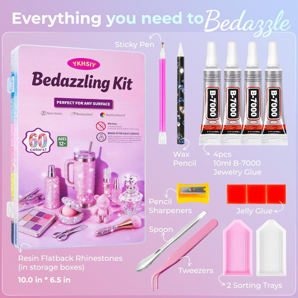 Bedazzling Kit 48000Pcs 60 Colors Resin Jelly Rhinestones, Multicolor 3mm Flatback Gems for Diamond Art, Bedazzler Kit with 4Pcs 10ml B7000 Jewelry Glue & Tools - Christmas Birthday Gifts for Women