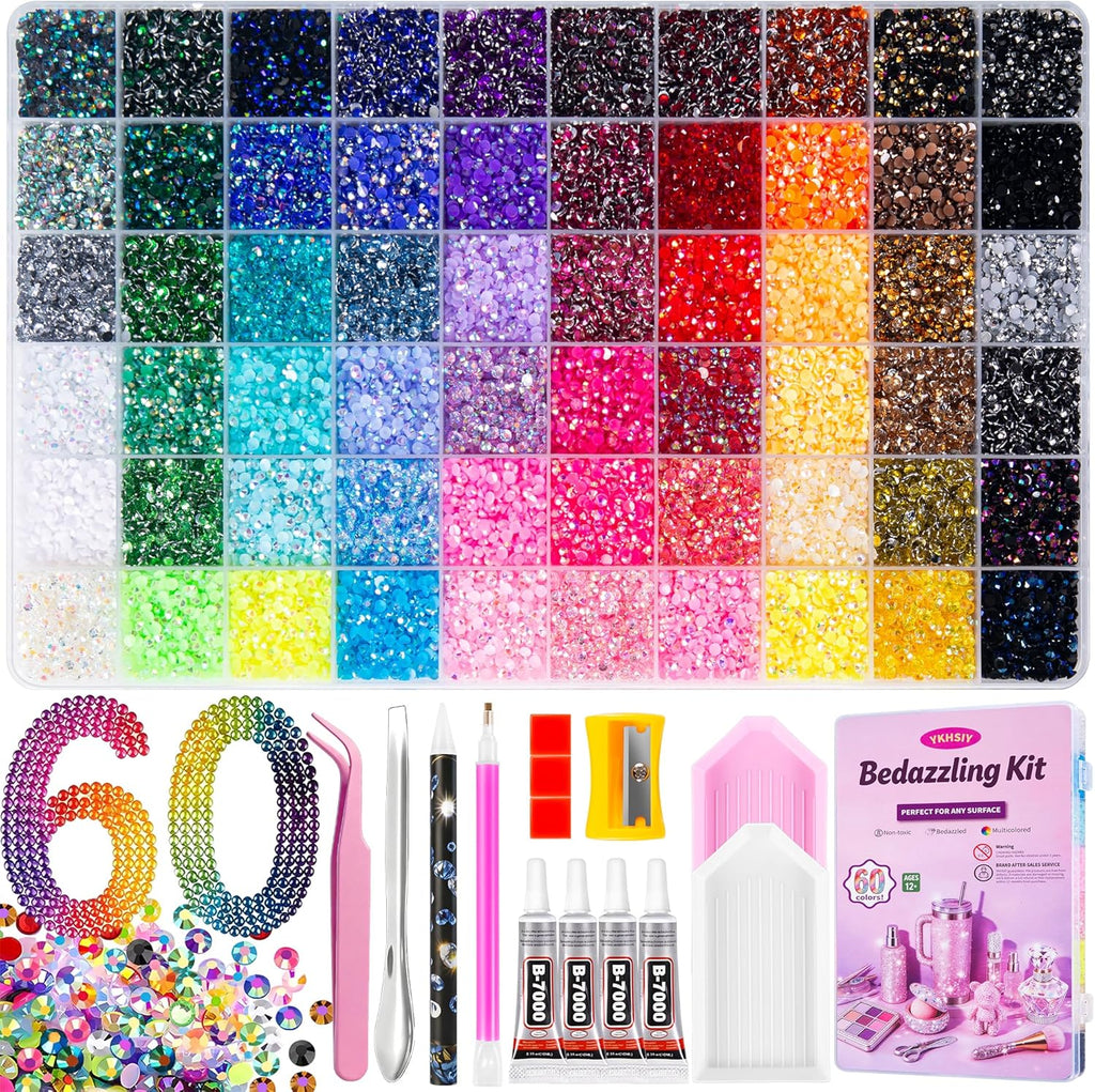 Bedazzling Kit 48000Pcs 60 Colors Resin Jelly Rhinestones, Multicolor 3mm Flatback Gems for Diamond Art, Bedazzler Kit with 4Pcs 10ml B7000 Jewelry Glue & Tools - Christmas Birthday Gifts for Women