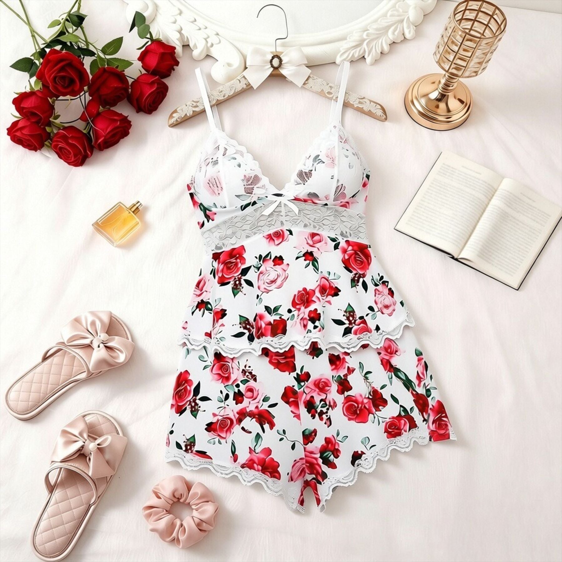 Women's Plain Lace Patchwork Bow Decor Cami Top & Shorts PJ Set, Adjustable Spaghetti Strap Camisole & Elastic Waist Shorts, Ladies Sleepwear for All Seasons
