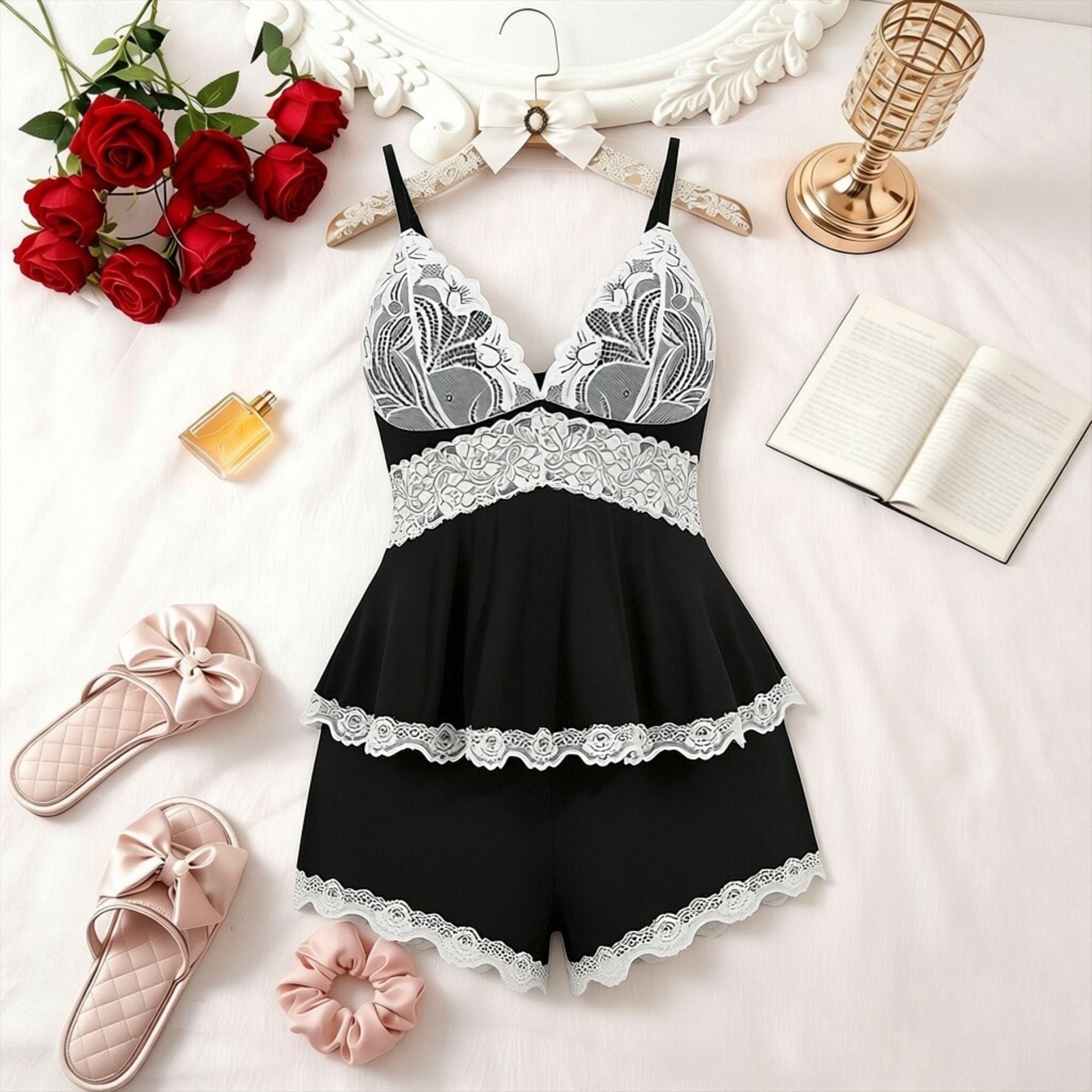 Women's Plain Lace Patchwork Bow Decor Cami Top & Shorts PJ Set, Adjustable Spaghetti Strap Camisole & Elastic Waist Shorts, Ladies Sleepwear for All Seasons
