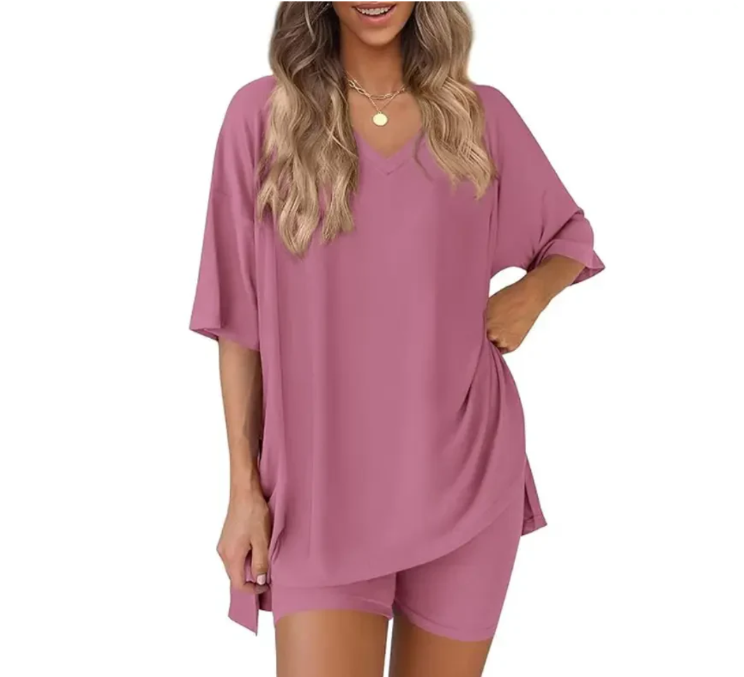 Effortless SummerLounge Set Oversized Tee+ Biker Shorts