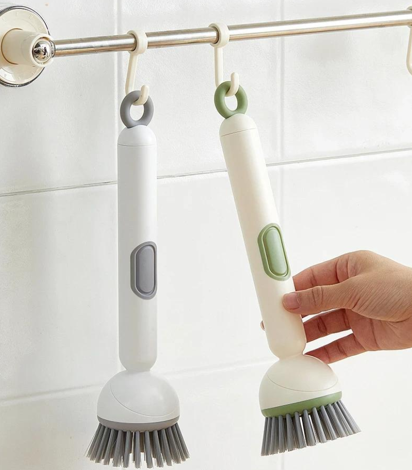 Rotating Cleaning Brush with Long Handle for Kitchen - Adjustable Pot Cleaning Brush for Liquid Pressing - Ideal for Bowl and Pot Cup Cleaning