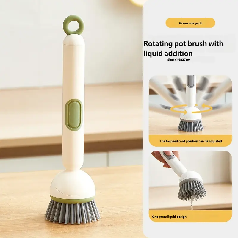 Rotating Cleaning Brush with Long Handle for Kitchen - Adjustable Pot Cleaning Brush for Liquid Pressing - Ideal for Bowl and Pot Cup Cleaning